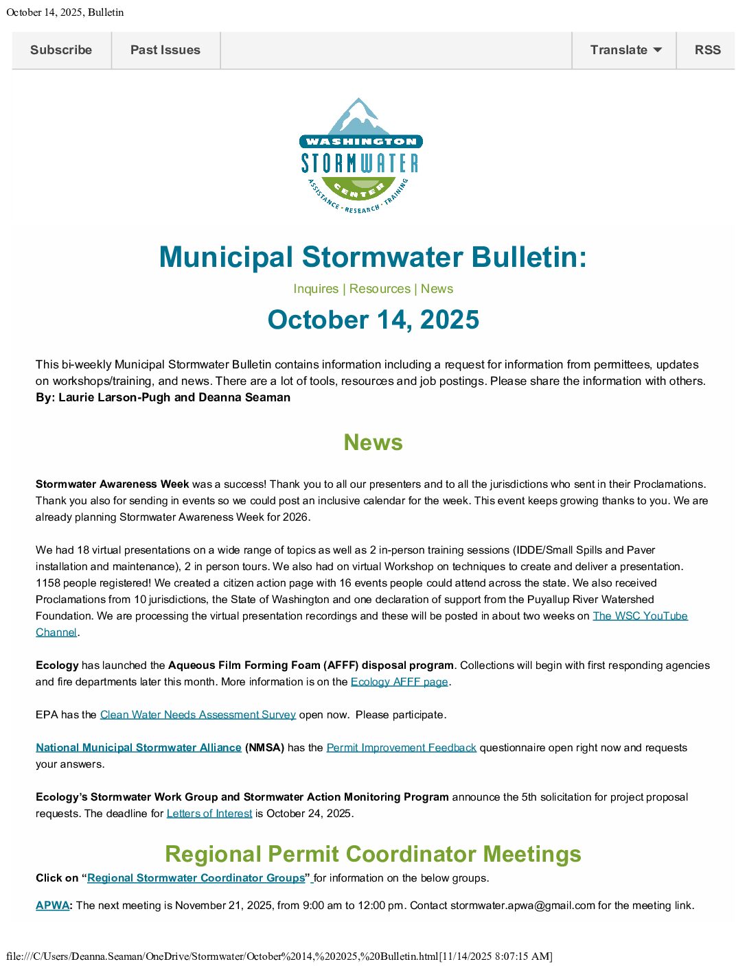 Municipal Stormwater Bulletin October 14, 2025